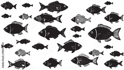 Whimsical fish shoal swimming in a group, perfect for children's decor or playful pattern designs, a school of fish swimming in formation