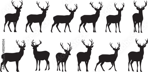 Collection of twelve male deer silhouettes with antlers