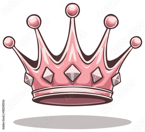 Shiny pink princess crown with diamond jewels, a royal cartoon vector illustration.
