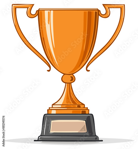 Golden bronze trophy award cup with ornate handles and a blank plaque for personalization