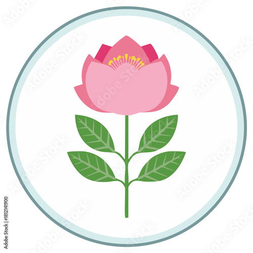 Stylized pink lotus or peony flower icon with green leaves inside a circular frame.