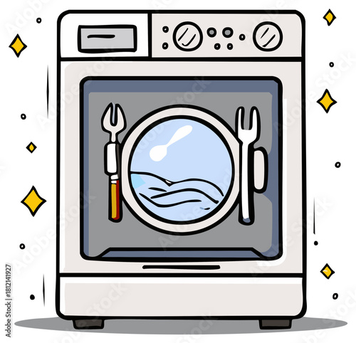 Hand drawn cartoon illustration of a sparkling clean kitchen dishwasher appliance washing dishes