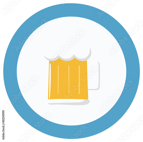 Flat Design Beer Mug Icon with Frothy Head in Blue Circle