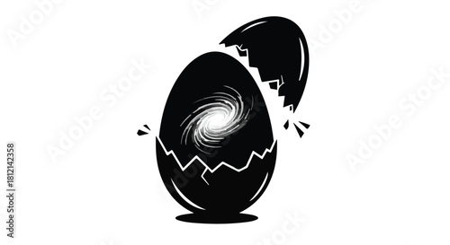 Surreal cracked black egg reveals a swirling galaxy within, symbolizing new beginnings and cosmic creation.