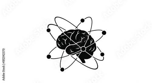 Abstract representation of a human brain connected to orbiting elements, symbolizing knowledge and science.
