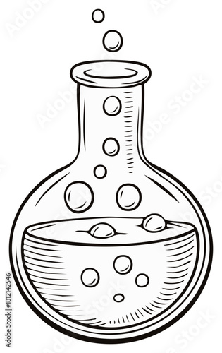 Black and white line art of a chemistry flask with effervescent liquid and rising bubbles