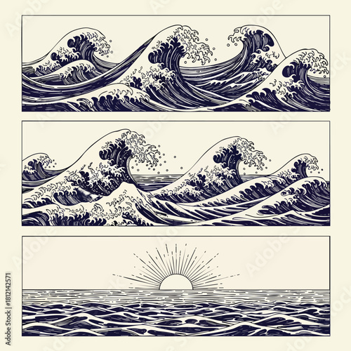 Vintage Stylized Ocean Waves And Rising Sun Panels.