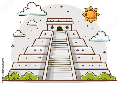 Pyramid Illustration with Clouds and Sun Simple cartoon style monument for kids.