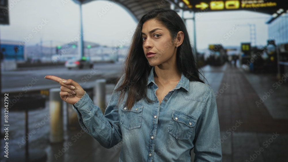 Fototapeta premium Woman points finger at terminal curbside outdoors at airport with visible hand gesture and stern questioning expression wearing denim shirt; skepticism.