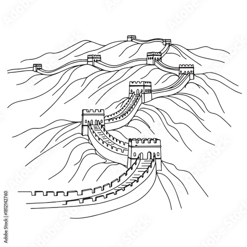 Great Wall of China Outline Drawing on Mountain Landscape