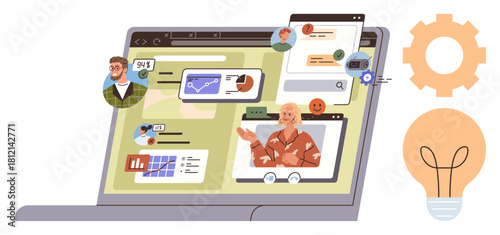 Laptop displaying video calls, data charts, and user interactions with profile icons. Ideal for collaboration, remote work, technology, teamwork, digital communication, online learning productivity