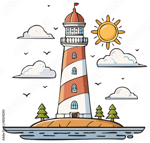 Cartoon illustration of a lighthouse on an island with clouds and the sun.