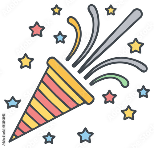 Vibrant striped party popper launching colorful stars and streamers for celebration