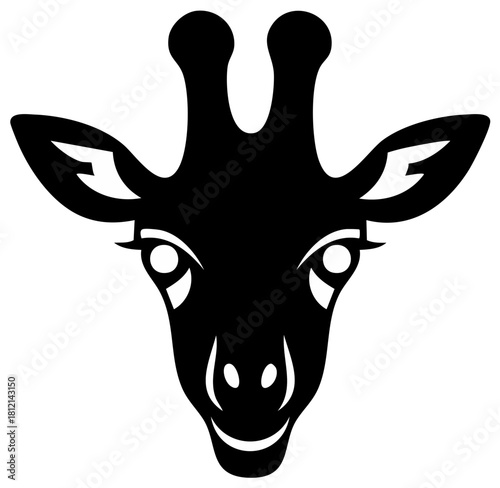 Graphic giraffe head, animal icon, simplistic design, black silhouette on white background, vector illustration
