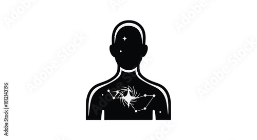 Cosmic consciousness depicted as a silhouette with a galaxy in the chest and constellations