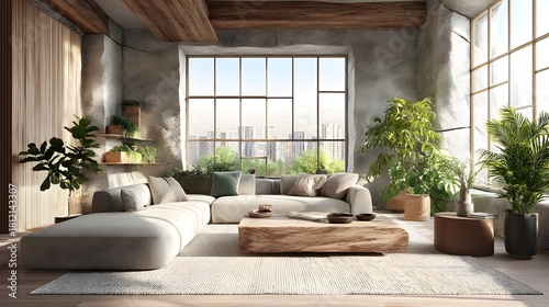 Fototapeta Naklejka Na Ścianę i Meble -  Large living room with a couch, coffee table, and potted plants. The room has a modern and minimalist design, with a focus on natural elements such as plants and wood