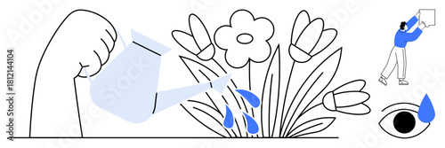 Growth concept. Growth through flowers, watering can, and symbolic human activity. Growth highlights nurturing, activism, sustainability, and community care. For education ecology activism mental