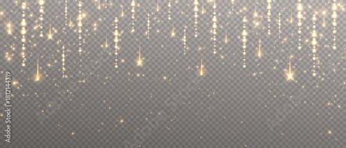 Golden sparkling wave of light and particles on a transparent background. Shimmering gold dust texture with bright luxury glow, radiant illumination, and a magical festive overlay effect.