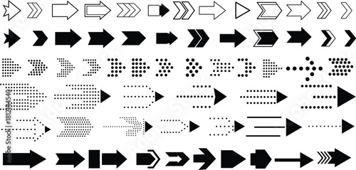 Arrow Collection Assorted Black and White Arrow Designs for Wayfinding, UI, and Decorative Use in Vector Format