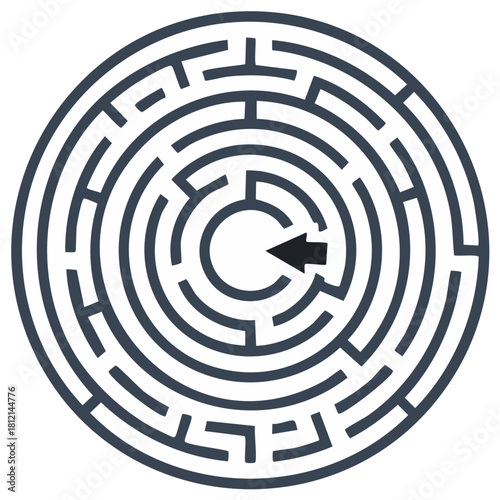 Circular maze with arrow, solving problems, finding solutions, business concept
