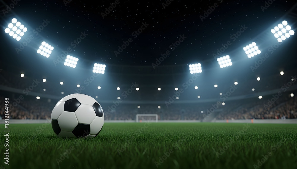 Fototapeta premium A soccer ball rests on the green grass of a stadium, illuminated by bright lights.