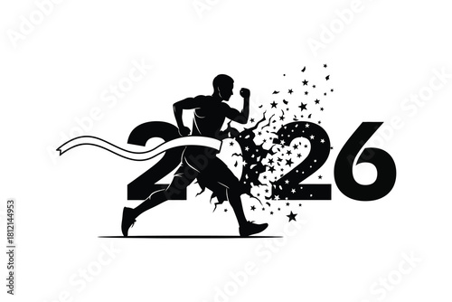 Athlete crossing finish line with year 2026 and stars concept isolated on white background, Vector