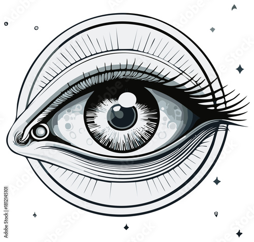 Mystical Eye Vision Artwork, Abstract Black and White Illustration, Astrology Symbol