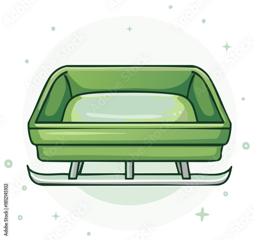 Green winter toboggan sled cartoon illustration for snow recreation and fun