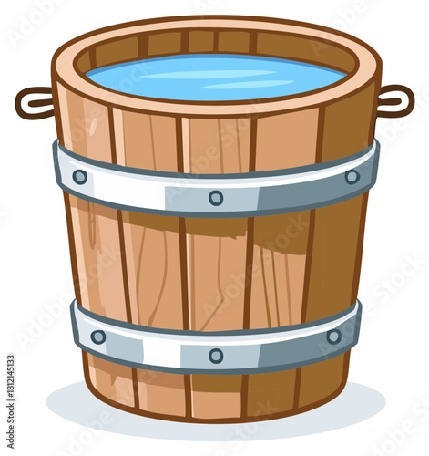 Wooden Barrel Filled With Clear Blue Water and Metal Bands