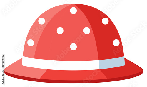 Red hat with white polka dots, sun hat design with light blue ribbon.