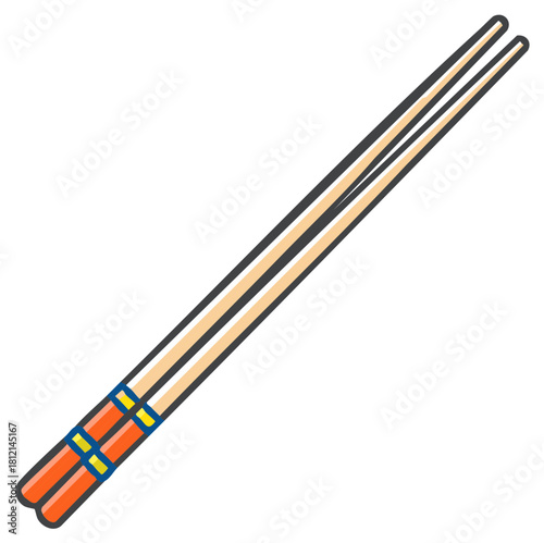Illustration of a pair of chopsticks with orange and blue decorative elements
