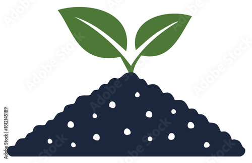 Young plant seedling with two green leaves sprouting from fertile soil. Vector icon for growth and new beginnings.