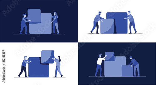 Set of illustrations depicting teamwork and collaborative construction.