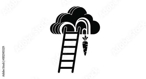 Ladder reaching towards a carrot hanging from a cloud, symbolizing motivation and goals.