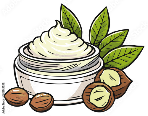 Cartoon jar of moisturizer cream and shea nuts with green leaves. Skincare product ingredients