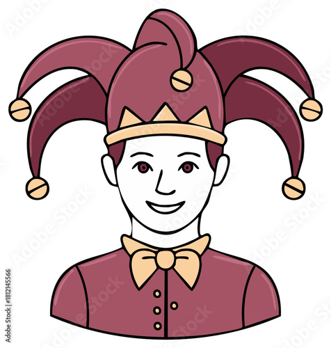 Smiling cartoon court jester character in a traditional fool's cap and medieval costume