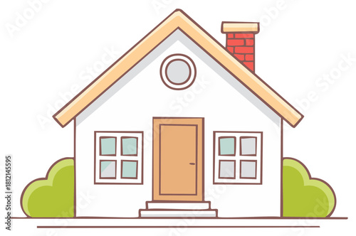 Cartoon house illustration with windows, door, chimney, and bushes in the yard