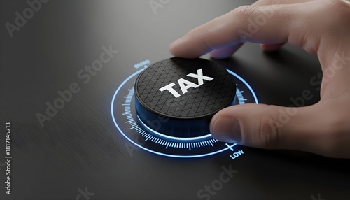 A hand is turning a dial labeled 'TAX' to increase or decrease tax rates, symbolizing financial control.
