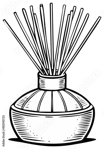A stylized black and white drawing of a glass bottle filled with reeds for aromatherapy and scent diffusion.