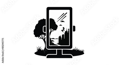 Mirror reflecting a tranquil landscape with trees and cityscape, symbolizing reflection and perspective