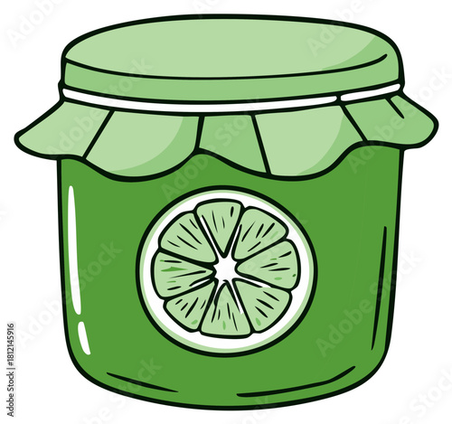 Jar of lime preserves with fruit slice label illustration, green tones
