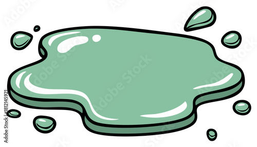 Cartoon illustration of a shiny green slime puddle with glossy drops and splatter