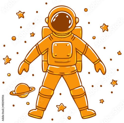 Cute Orange Astronaut Character Floating in Cosmic Space Surrounded by Stars and a Planet