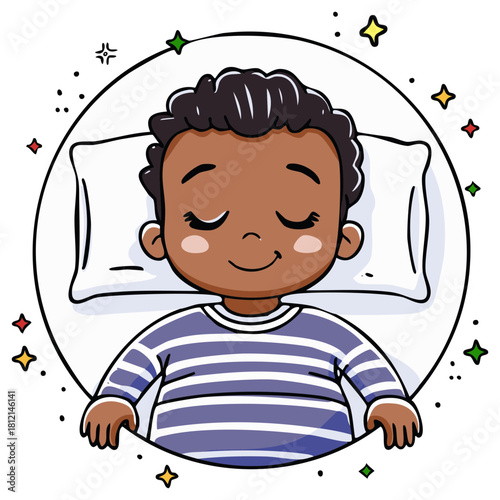 Cartoon Little Boy Sleeping Peacefully in Bed with Stars