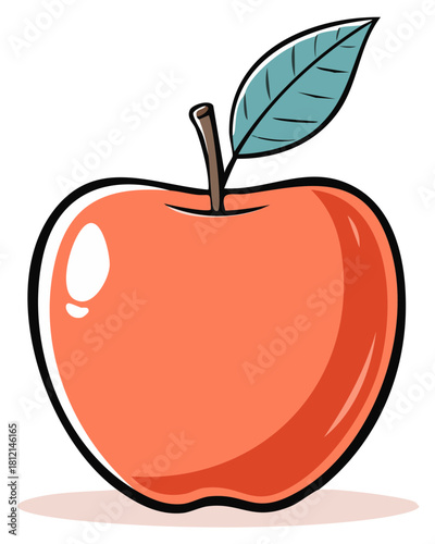 Cartoon Red Apple with Green Leaf and Stem