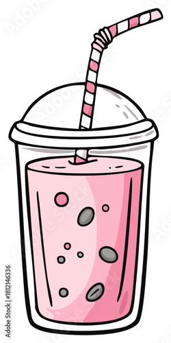 Pink smoothie or milkshake in a plastic cup with a striped straw and lid