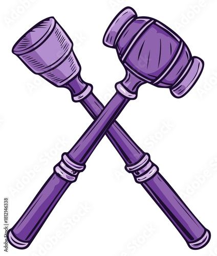 Two Auctioneer Gavel Cross symbol in purple color vintage illustration style