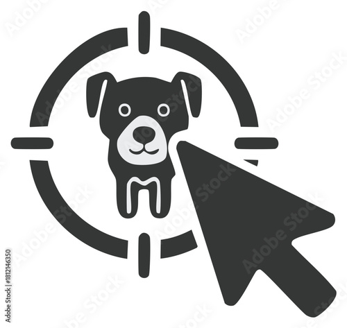 Cursor selecting a dog in a target icon for online pet adoption or animal services