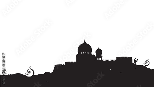 Enchanting silhouette of a walled city with domes and towers, perfect for fantasy, adventure, or historical themes, evoking a sense of mystery and wonder