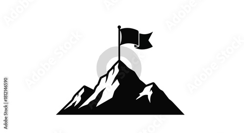 Flag planted on a rugged mountain peak, symbolizing achievement and success